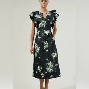 Sugarlips Black Floral Midi Dress with Ruffle Shoulders